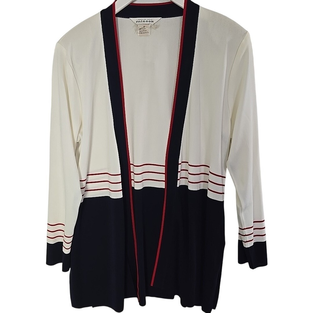 Misook Open Front Cardigan Small Blue Cream Red Stripe Old Money‎ Sailor Preppy